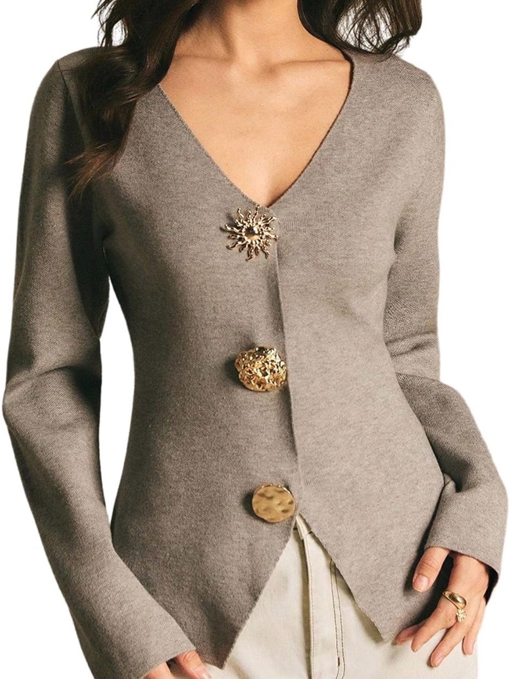 Women's Taupe V-Neck Buttoned Knit Top with Gold Accent Buttons